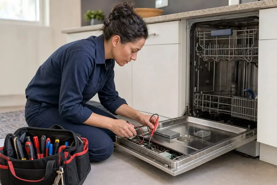 Woman appliance repair technician testing a dishwasher with a multimeter
