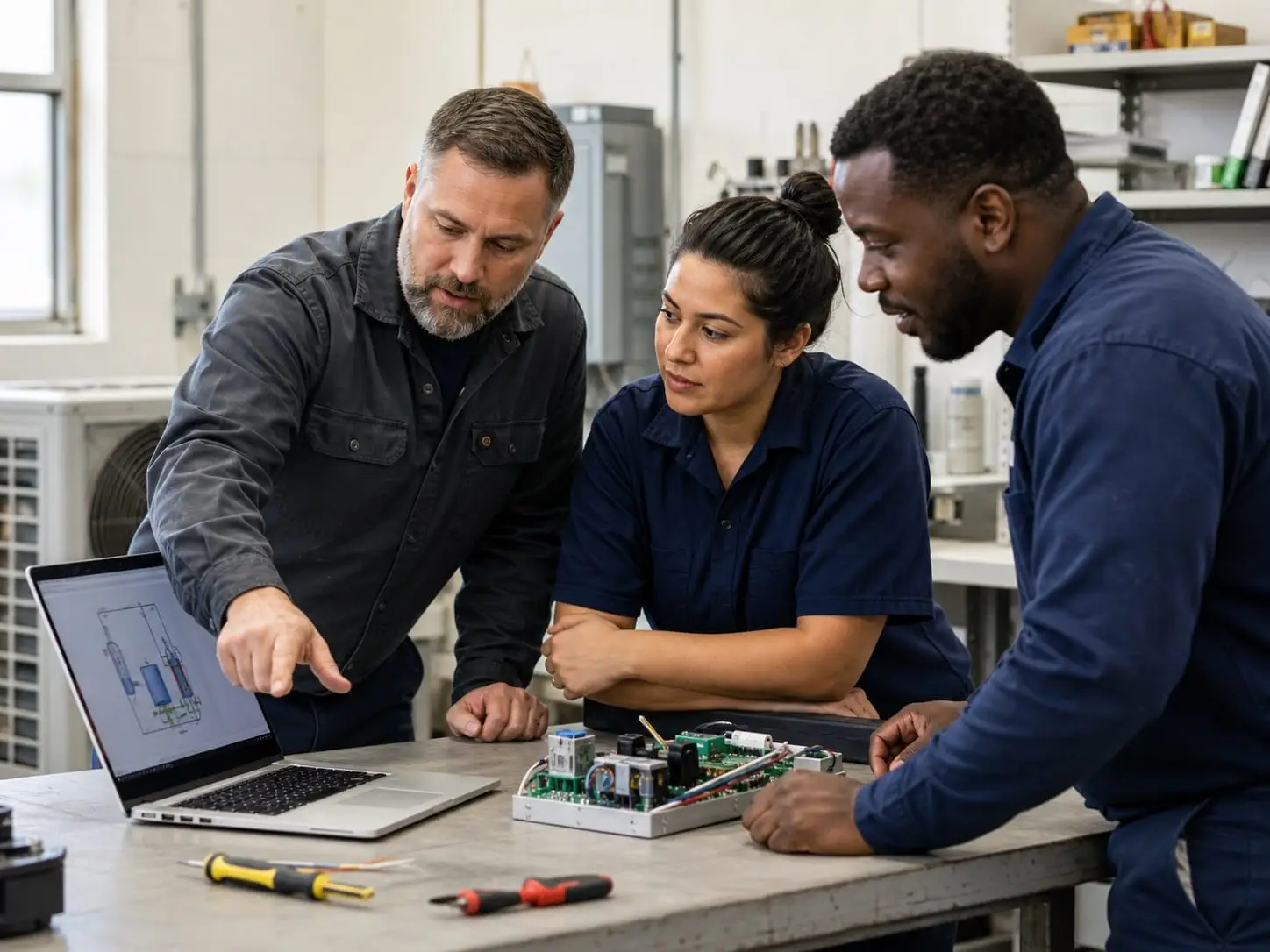 Facilities-maintenance employees reviewing online technical training together